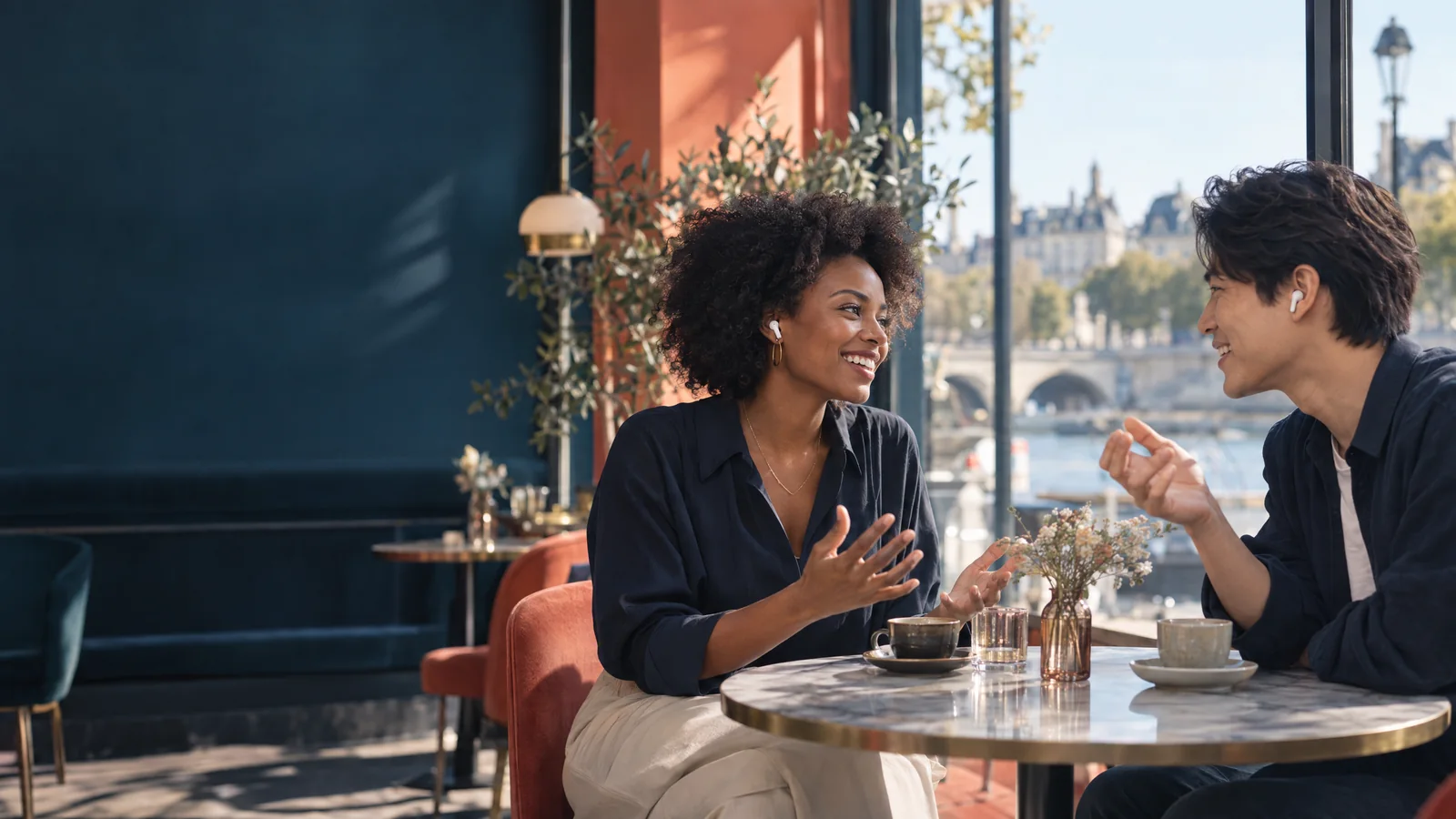 Deux personnes qui conversent naturellement avec une oreillette